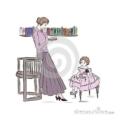 Mother reads book daughter Vector Illustration